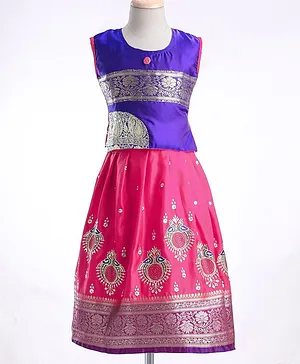 Bhartiya Paridhan Silk Sleeveless Gota Patti & Embroidered Choli & Lehenga Set - Pink & Blue