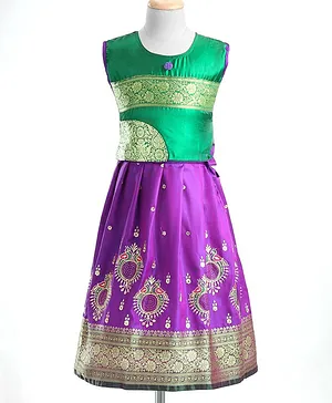 Bhartiya Paridhan Silk Sleeveless Gota Patti & Embroidered Choli & Lehenga Set - Purple & Green