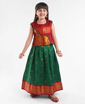 Bhartiya Paridhan Silk Sleeveless Lehenga & Choli Set with Zari Detailing - Green