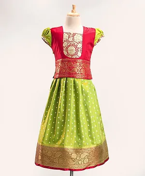 Bhartiya Paridhan Silk Cap Sleeves Gota Patti Choli & Lehenga Set - Green & Red