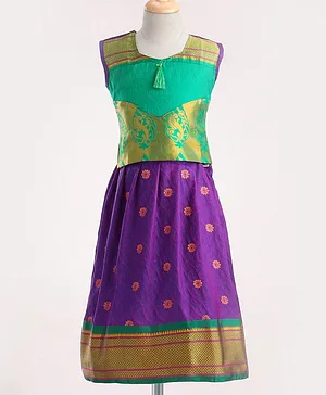 Bhartiya Paridhan Silk Sleeveless Gota Patti & Embroidered Choli & Lehenga Set - Magenta & Green