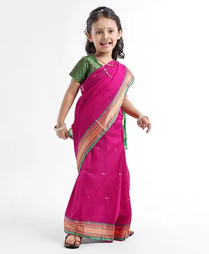 Butta bomma series .... Tomato red and parrot green kids half saree in hand  embroidery work blouse .