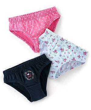 Babyhug 100% Cotton Panties Floral Print Pack of 3 - Pink Turquoise & Navy