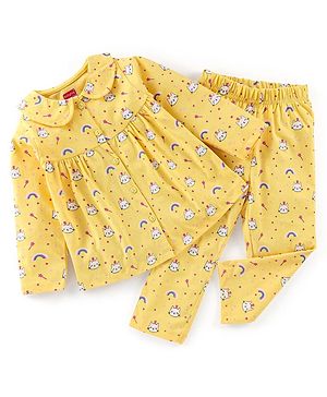 Babyhug Cotton Knit Full Sleeves Night Suit With Rainbow Print - Yellow