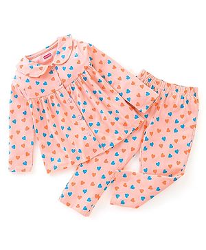 Babyhug Cotton Knit Full Sleeves Night Suit Heart Print - Peach
