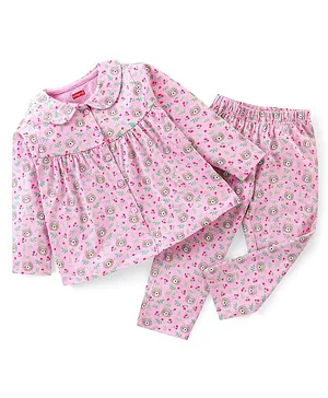 Babyhug Cotton Knit Full Sleeves Night Suit with Teddy Print - Pink