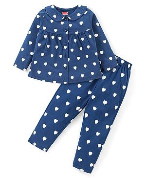 Babyhug Cotton Knit Full Sleeves Night Suit With Heart Print - Navy Blue