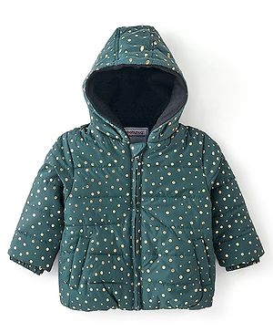 Babyhug Full Sleeves Hooded Quilted Jacket Polka Dot Print - Green