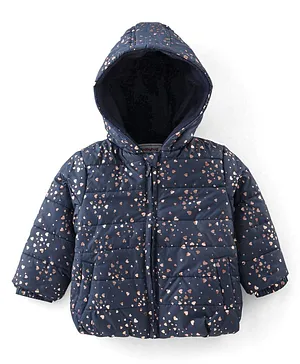 Babyhug Woven Full Sleeves Hooded Quilted Jacket Heart Print - Navy Blue