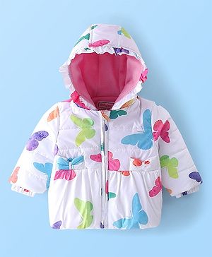 Babyhug Full Sleeves Hooded Jacket With Butterfly Print - White & Pink