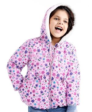 Babyhug Full Sleeves Woven Hoodie with Pockets Floral Print - Pink