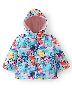 Babyhug Woven Full Sleeves Hooded Jacket with Butterfly Print - Multicolour