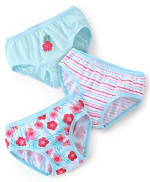 Babyhug 100% Cotton Knit Panties Stripes & Floral Print Pack of 3 - Blue White & Pink