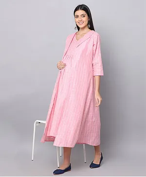 The Mom Store Three Fourth Sleeves Collared Shacket & Pencil Striped Maternity Dress With Concealed Zipper Nursing Access - Pink