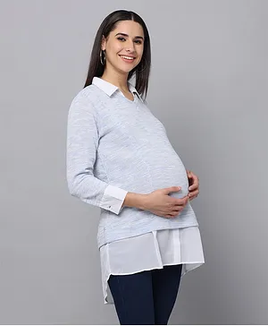 The Mom Store Full Sleeves Solid Maternity Knit Top With Concealed Zipper Nursing Access - Blue