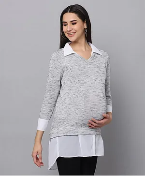 The Mom Store Full Sleeves Solid Maternity Knit Top With Concealed Zipper Nursing Access - Grey