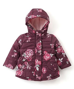 Babyhug Full Sleeves Hooded Padded Quilted Jacket Floral Print - Maroon