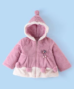 Babyhug Full Sleeves Woven Winter Jacket with Hood Floral Applique-Pink