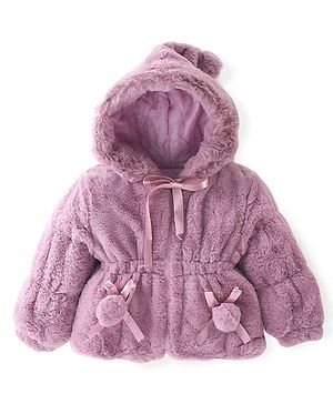 Babyhug Full Sleeves Fur Hooded Jacket with Bow & Pom Pom Detailing - Pink