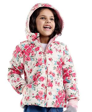 Babyhug Woven Full Sleeves Floral Printed Jacket with Hood - Pink