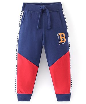 Babyhug Cotton Looper Knit Full Length Text Printed Cut & Sew Lounge Pant - Navy Blue & Red