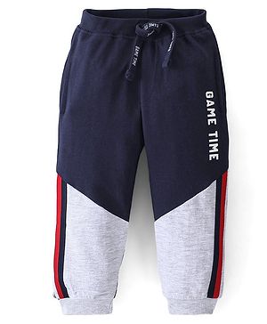 Babyhug Cotton Looper Full Length Lounge Pant Color Block & Text Printed - Grey & Navy Blue