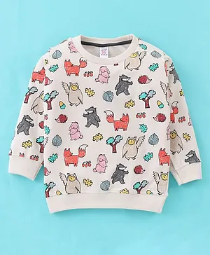 Pink Rabbit Cotton Looper Full Sleeves T-Shirt Fox & Bunny Print- White