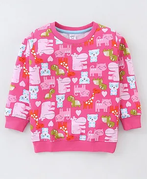Pink Rabbit Cotton Looper Full Sleeves T-Shirt Kitty & Hippo Print- Pink