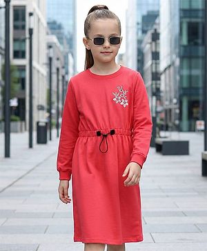 Pine Kids Full Sleeves Winter Frock With Lurex Floral Chest Embroidery - Bittersweet