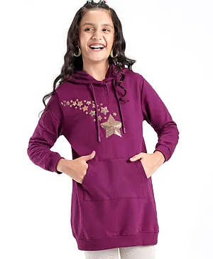 Pine Kids Cotton Looper Hooded Sweatshirt Dress with Kangaroo Pocket & Star Sequin- Plum Caspia