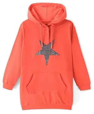 Pine Kids Cotton Looper Hooded Sweatshirt with Kangaroo Pocket & Star Sequin- Orange