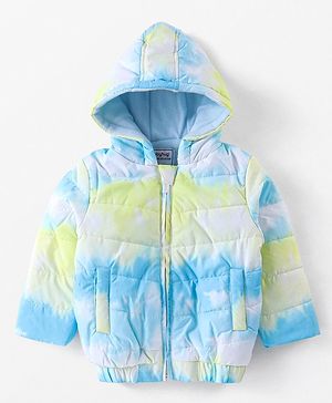 Babyhug Woven Full Sleeves Jacket With Hood & Tie  Die Print - Blue White & Green