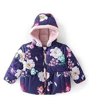 Babyhug Woven Full Sleeves Hooded Jacket With Floral Print - Purple