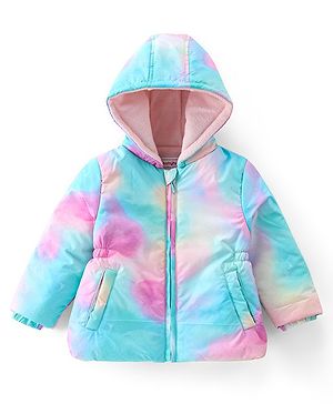 Babyhug Woven Full Sleeves Hooded Jacket With Marble Print - Blue