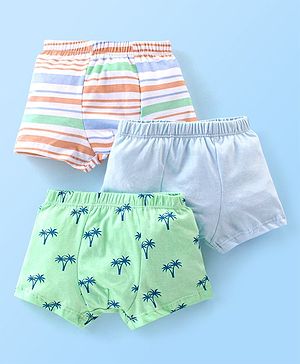 Babyhug 100% Cotton Trunk Striped & Palms Printed Pack of 3 - Green & Blue