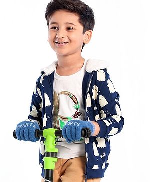 Babyhug Cotton Full Sleeves Boo Print Sweat Jacket With Zipper & Hood - Navy Blue