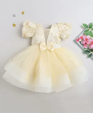 Many frocks & Half Sleeves Pearl Detailed Lace & Bow Embellished Fit & Flare Tulle Dress - Cream