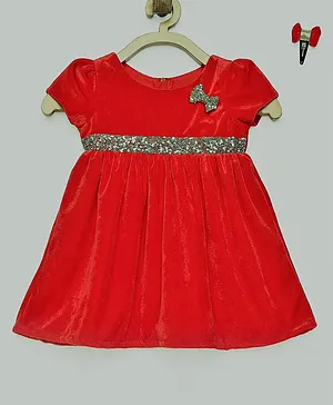 Many frocks & Half Sleeves Sequin Work Bow & Belt Embellished Fit & Flare Velvet Dress - Red