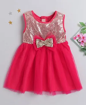 Many frocks & Sleeveless Sequin Yoke With Bow Embellished Fit & Flare Dress - Pink