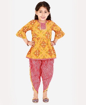 Superminis Three Fourth Sleeves Bandhej Kurti With Leheriya Dhoti Set -  Orange