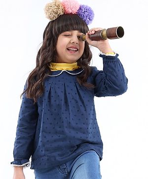 Babyhug 100% Cotton Full Sleeves Swiss Dot Top With Peter Pan Collar & Lace Detailing- Navy Blue