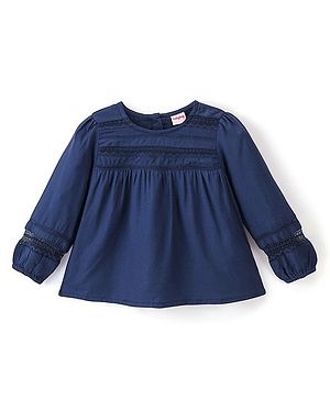 Babyhug Cotton Dobby Full Sleeves Top With Lace Detailing - Navy Blue