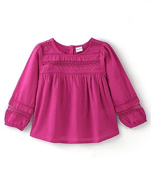 Babyhug 100% Cotton Full Sleeves Dobby Printed Top with Lace Detailing - Pink