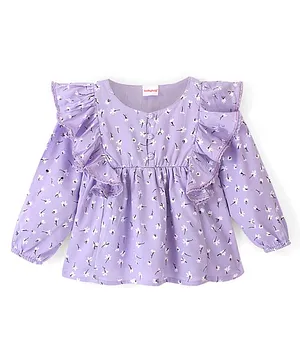 Babyhug 100% Rayon Woven Full Sleeves Floral Printed Top with Frill Detailing - Light Purple