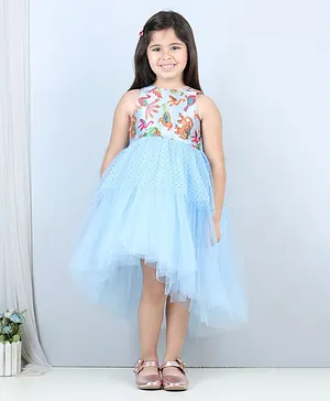 Toy Balloon Sleeveless Animals Printed Bodice High Low Party Wear Dress - Light Blue