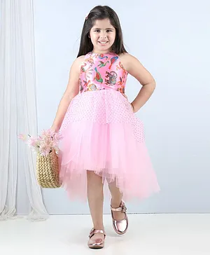 Toy Balloon Sleeveless Animals Printed Bodice High Low Party Wear Dress - Baby Pink