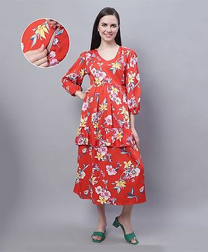 Moms Maternity Three Fourth Sleeves Poly Crepe Floral Print Maternity Midi Dress - Red