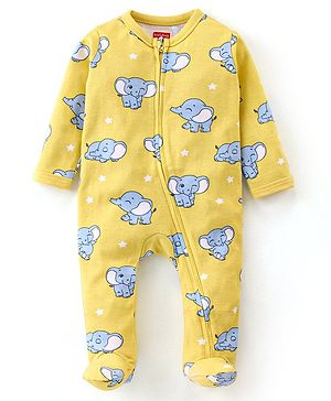 Babyhug Cotton Knit Full Sleeves Footed Sleep Suit Elephant Print - Yellow
