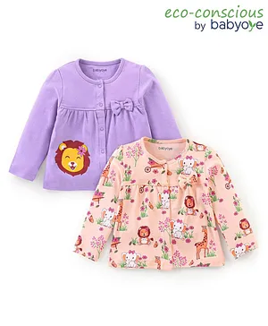 Babyoye Eco Conscious 100% Cotton Full Sleeves Tops With Lion & Bow Applique - Peach & Purple