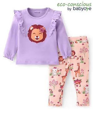 Babyoye 100% Cotton Eco Conscious Full Top & Legging With Lion Print - Cream & Purple
